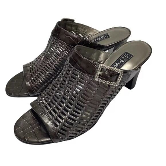 Brighton Sandals Reed Woven Pewter Leather Slide Open Toe Heel Women 8.5 M - Picture 1 of 7